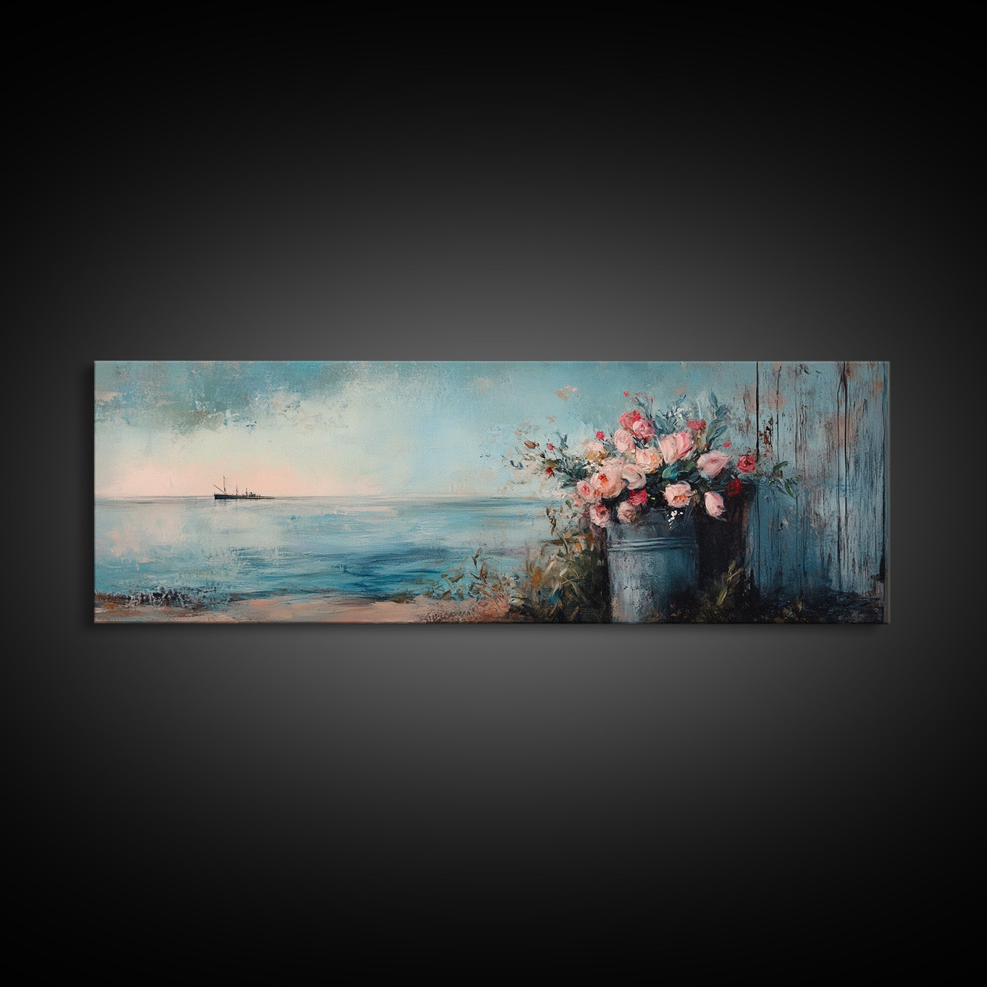 Blue Seascape With Flower Bucket Wall Art, Coastal Canvas Print, Beach House Decor, Ocean Landscape Housewarming Gift, Living Room Art