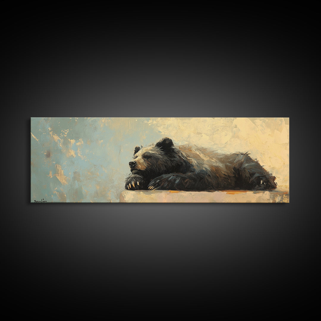Resting Black Bear Oil Painting Framed Canvas Print, Rustic Wildlife Wall Art, Cabin Decor, Nature Lover Gift, Large Living Room Decor