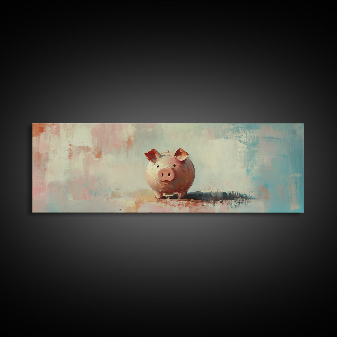 Pink Piggy Bank Oil Painting Canvas Print, Whimsical Wall Art, Cute Nursery Decor, Kids Room Art, Housewarming Gift, Fun