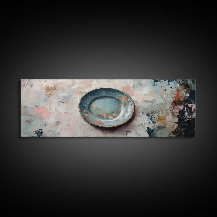 Weathered Blue Plate Wall Art, Minimalist Still Life Painting, Rustic Kitchen Decor, Textured Canvas Print For Dining Room