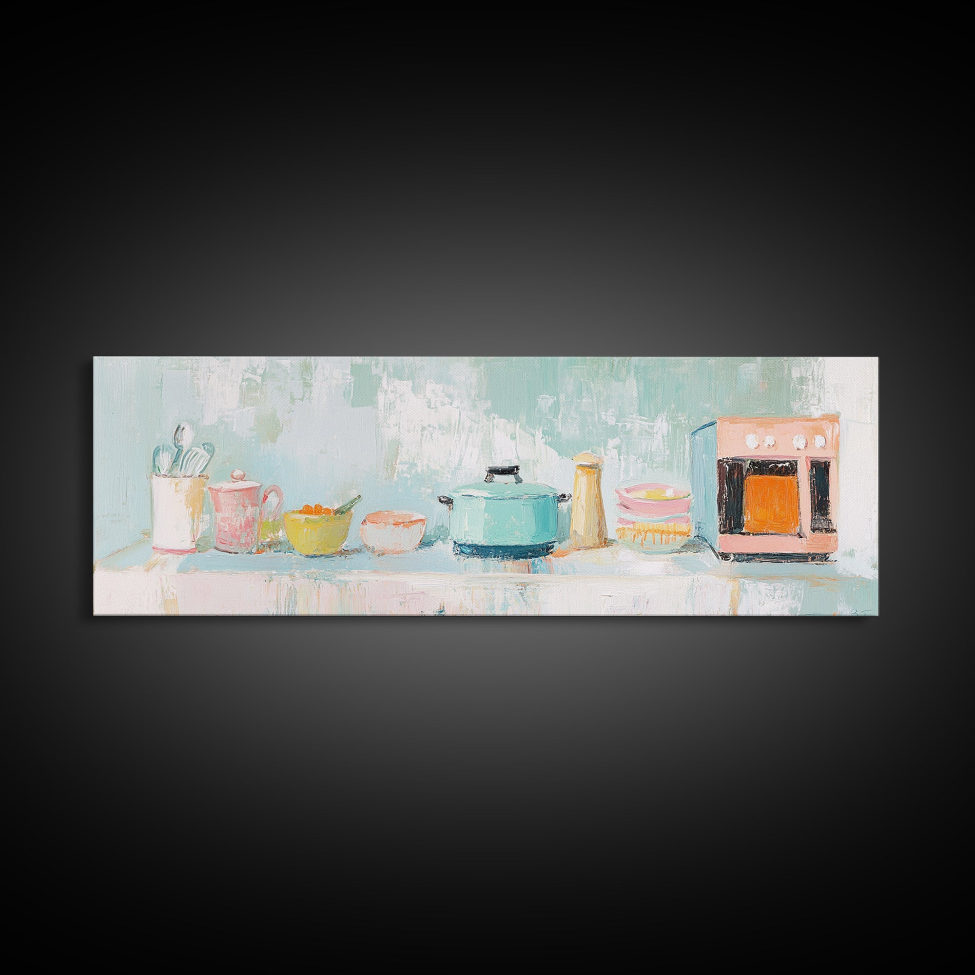 Pastel Kitchen Counter Canvas Print, Cozy Kitchen Wall Art, Modern Farmhouse Decor, Whimsical Cooking Art For Dining Room