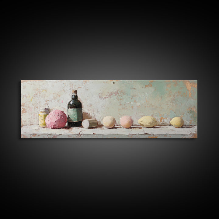 Pastel Bath Bombs And Bottles Wall Art, Spa Bathroom Decor, Apothecary Still Life, Feminine Canvas Print, Gift For Her, Home Decor