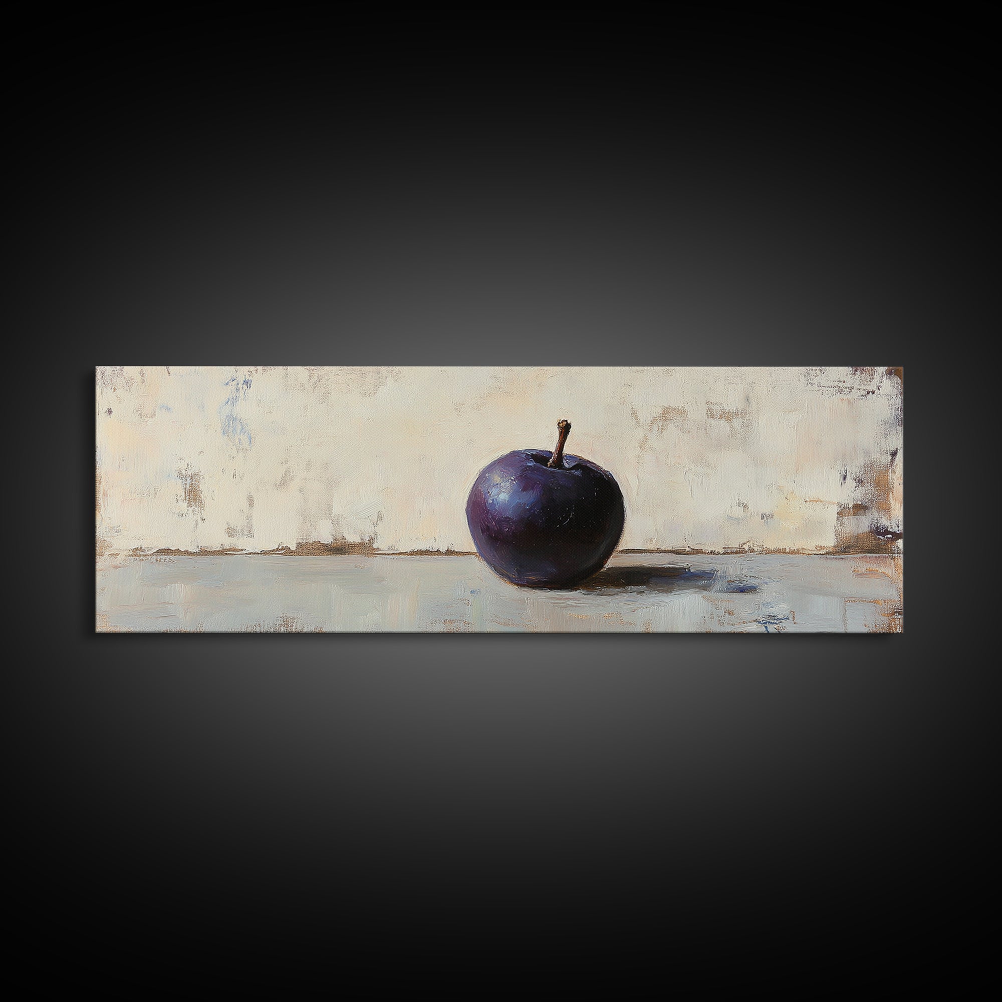 Single Purple Plum Still Life Wall Art, Minimalist Kitchen Decor, Moody Fruit Painting, Rustic Canvas Print For Dining Room