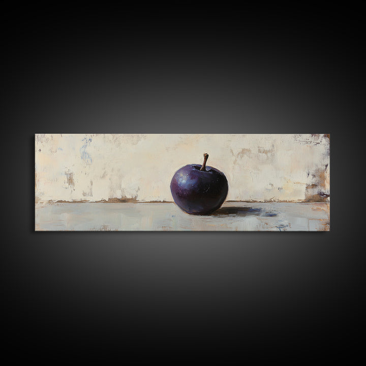 Single Purple Plum Still Life Wall Art, Minimalist Kitchen Decor, Moody Fruit Painting, Rustic Canvas Print For Dining Room