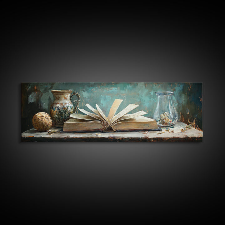 Open Antique Book With Vases Canvas Print, Dark Academia Wall Art, Literary Decor, Moody Library Reading Nook Home Decor