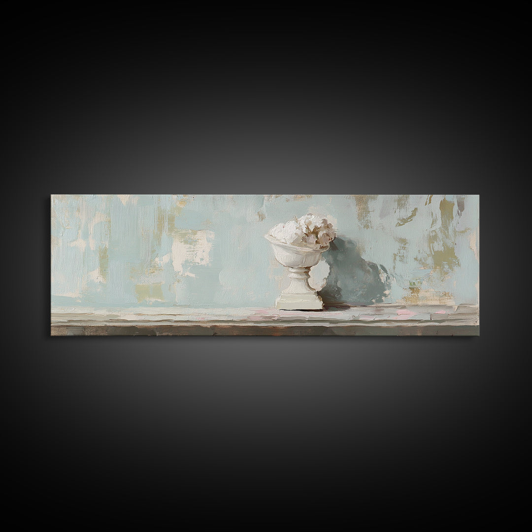 White Floral Urn Still Life Framed Canvas Print, Minimalist Wall Art, Neutral Calming Bathroom Decor, Wabi Sabi Home Decor