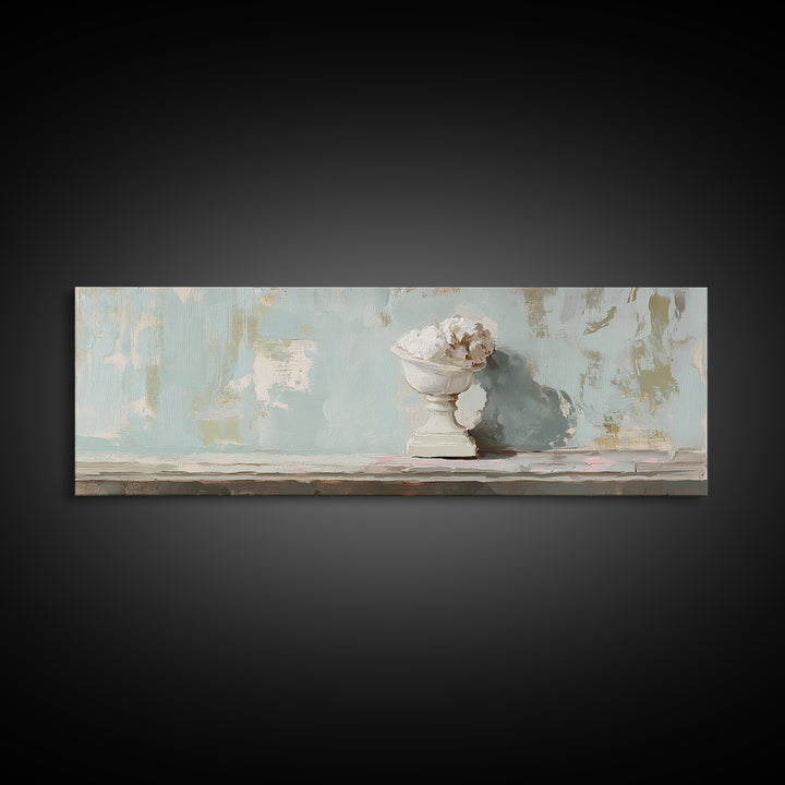 White Floral Urn Still Life Framed Canvas Print, Minimalist Wall Art, Neutral Calming Bathroom Decor, Wabi Sabi Home Decor