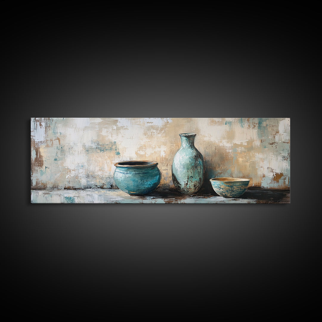 Turquoise Ceramic Vessels Still Life, Rustic Neutral Framed Canvas Print, Kitchen Wall Art, Modern Farmhouse Housewarming Gift