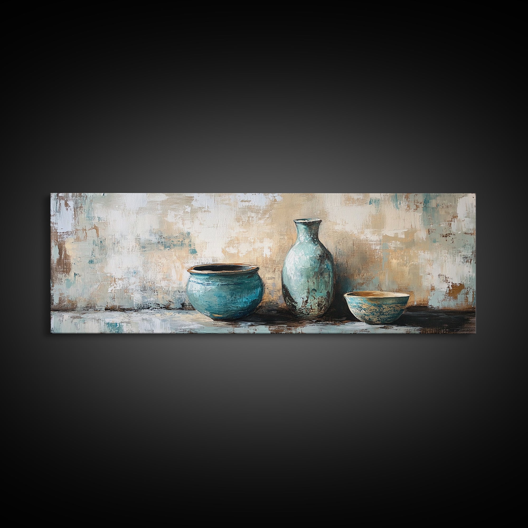 Turquoise Ceramic Vessels Still Life, Rustic Neutral Framed Canvas Print, Kitchen Wall Art, Modern Farmhouse Housewarming Gift