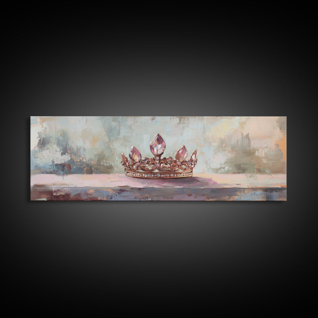 Jeweled Princess Crown Still Life Framed Canvas Print, Feminine Wall Art, Romantic Bedroom Decor, Coquette Room Decor Gift For Her