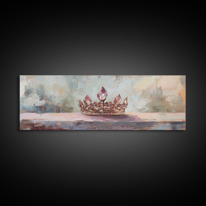 Jeweled Princess Crown Still Life Framed Canvas Print, Feminine Wall Art, Romantic Bedroom Decor, Coquette Room Decor Gift For Her