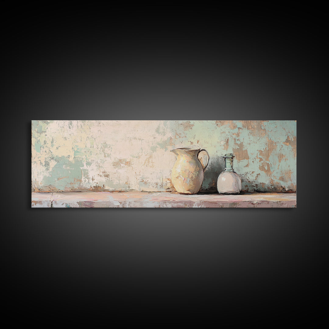 Cream Pitcher And Glass Bottle Still Life Canvas Print, Rustic Farmhouse Wall Art, Neutral Kitchen Decor, Housewarming Gift