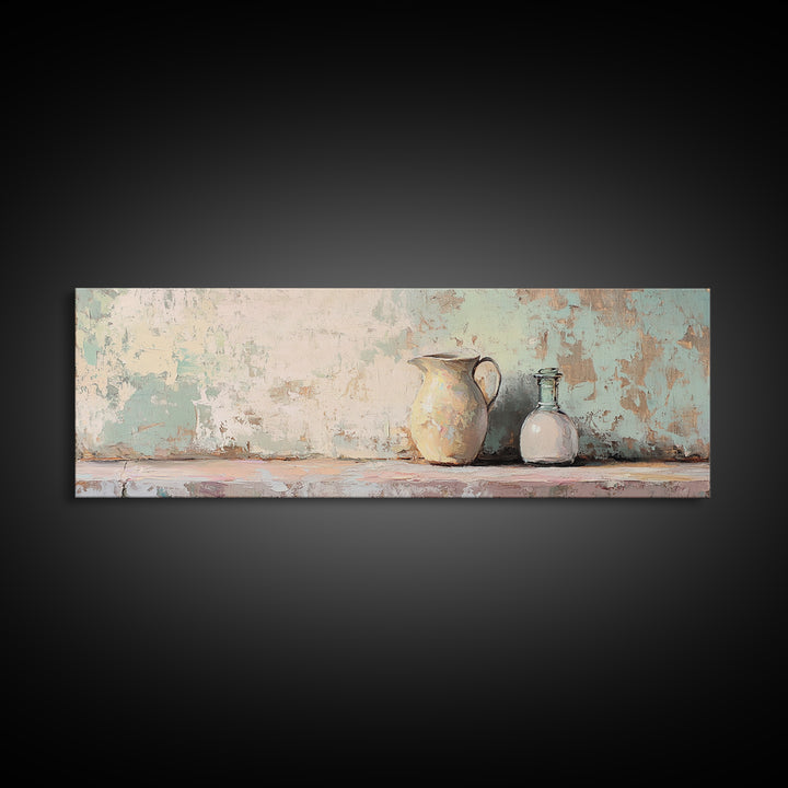 Cream Pitcher And Glass Bottle Still Life Canvas Print, Rustic Farmhouse Wall Art, Neutral Kitchen Decor, Housewarming Gift