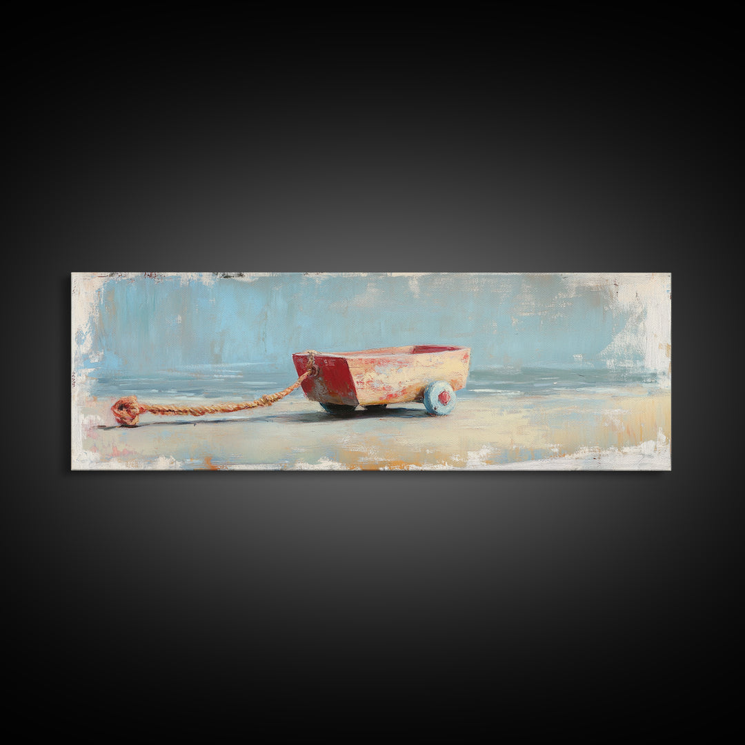 Small Red Toy Boat With Rope Framed Canvas Print, Nautical Wall Art, Coastal Nursery Decor, Beach House Gift For Kids Room Decor