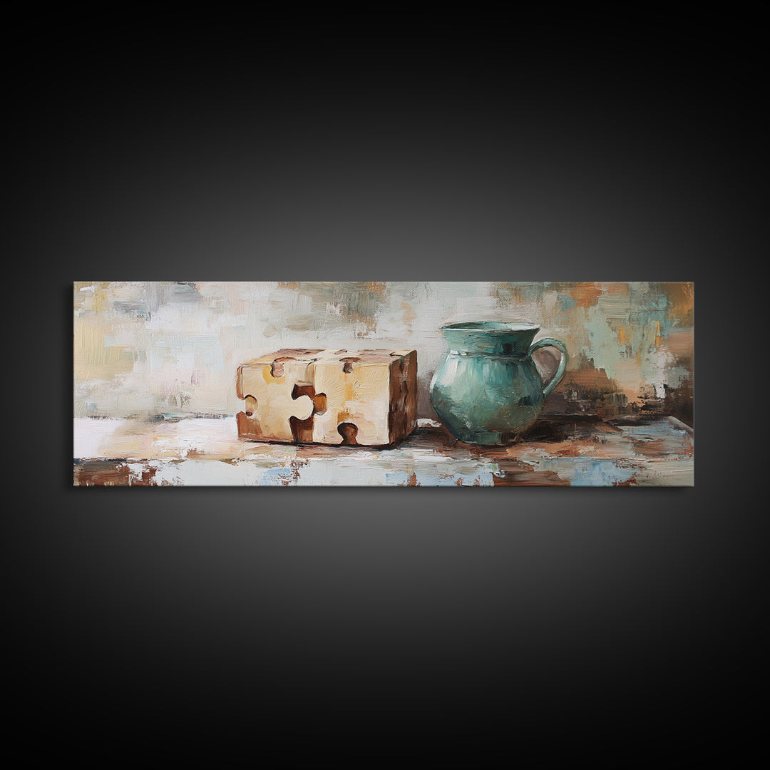 Teal Pitcher And Puzzle Pieces Still Life Canvas Print, Rustic Wall Art, Quirky Kitchen Decor, Unique Housewarming Gift For Her