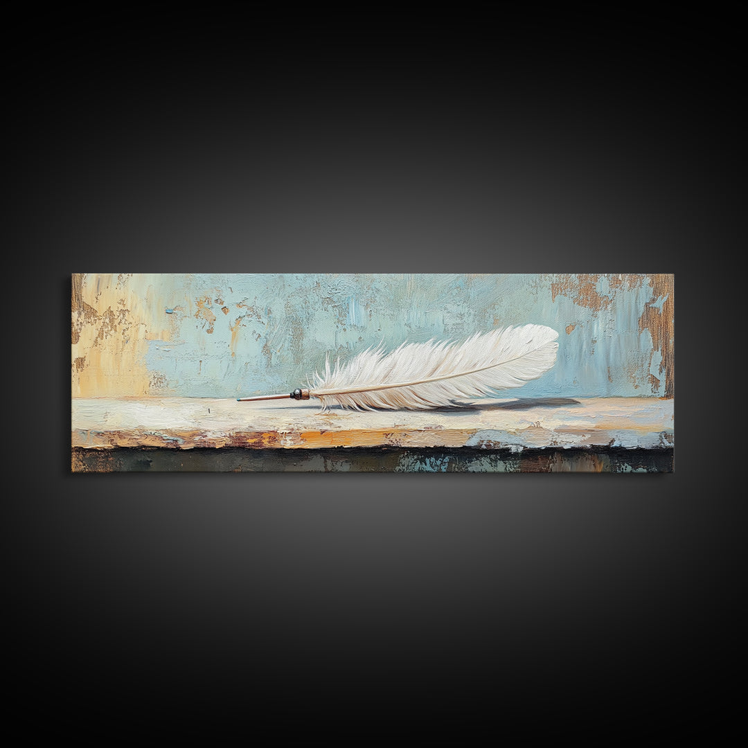 White Feather Still Life On Blue Canvas Print, Boho Wall Art, Minimalist Nature Decor, Peaceful Bedroom Decor Gift For Her