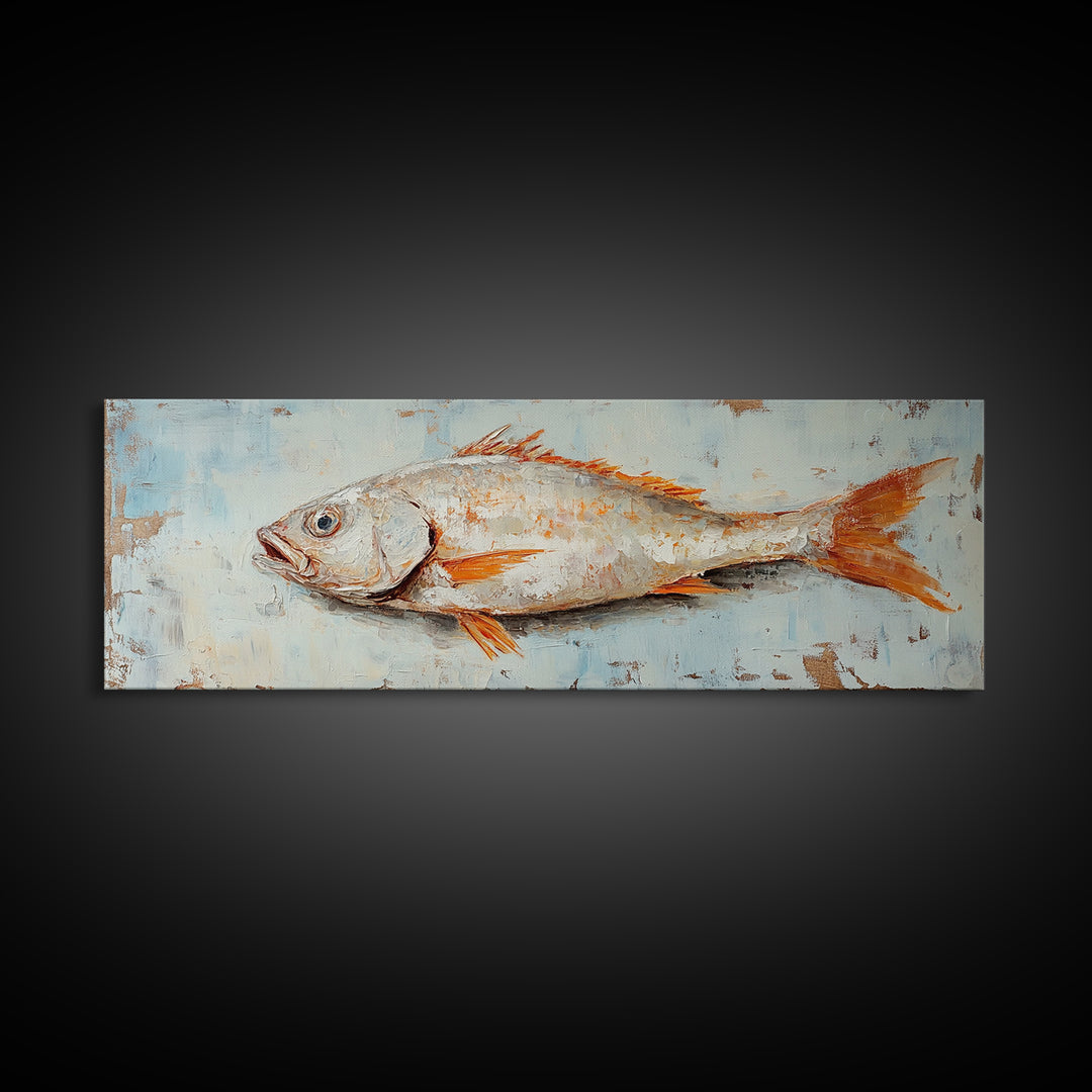 Textured Silver Fish Coastal Wall Art, Nautical Kitchen Decor, Seafood Painting Print, Beach House Ocean Art, Rustic Canvas