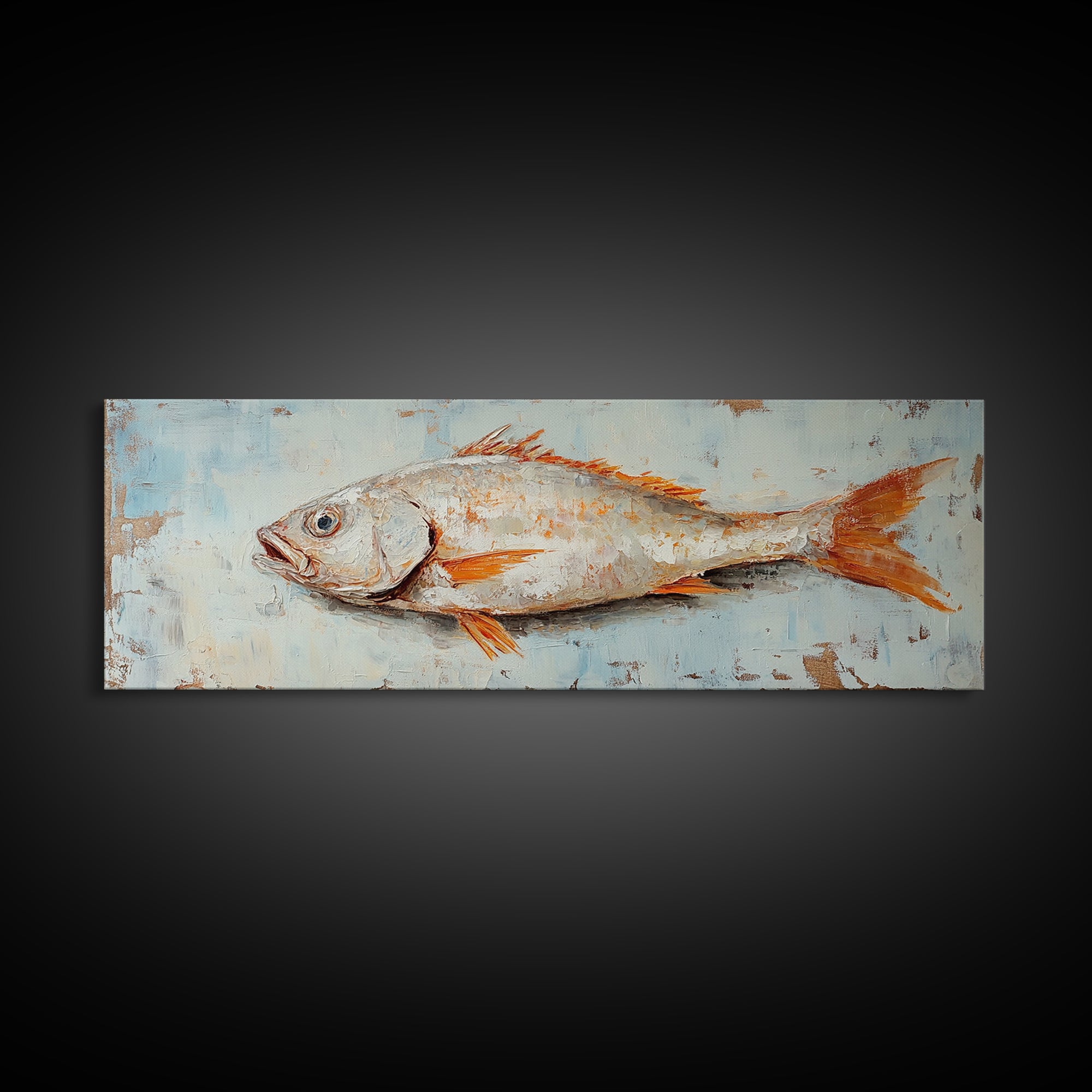 Textured Silver Fish Coastal Wall Art, Nautical Kitchen Decor, Seafood Painting Print, Beach House Ocean Art, Rustic Canvas