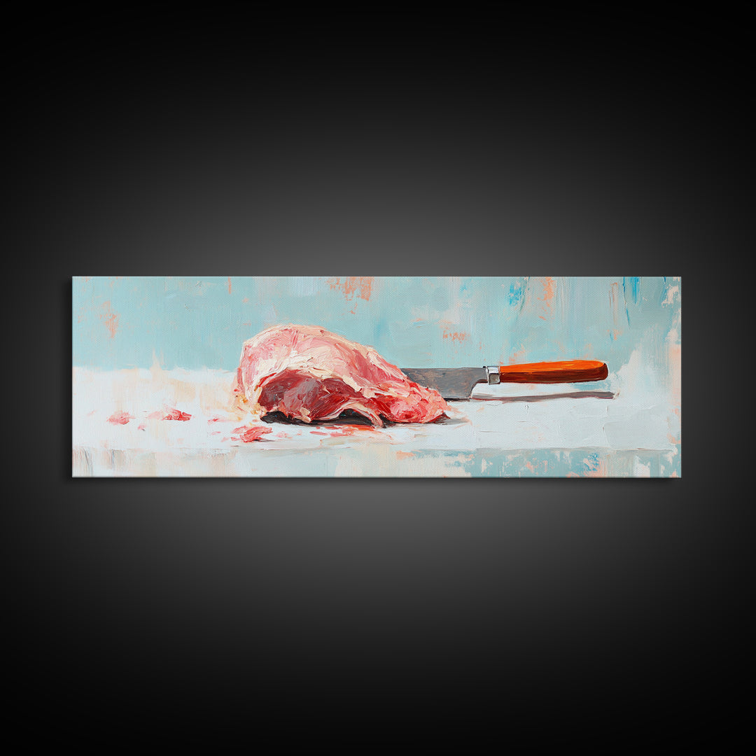 Pink Steak And Knife Kitchen Canvas Print, Butcher Shop Wall Decor, Foodie Gift, Rustic Still Life Art For Dining Room Decor