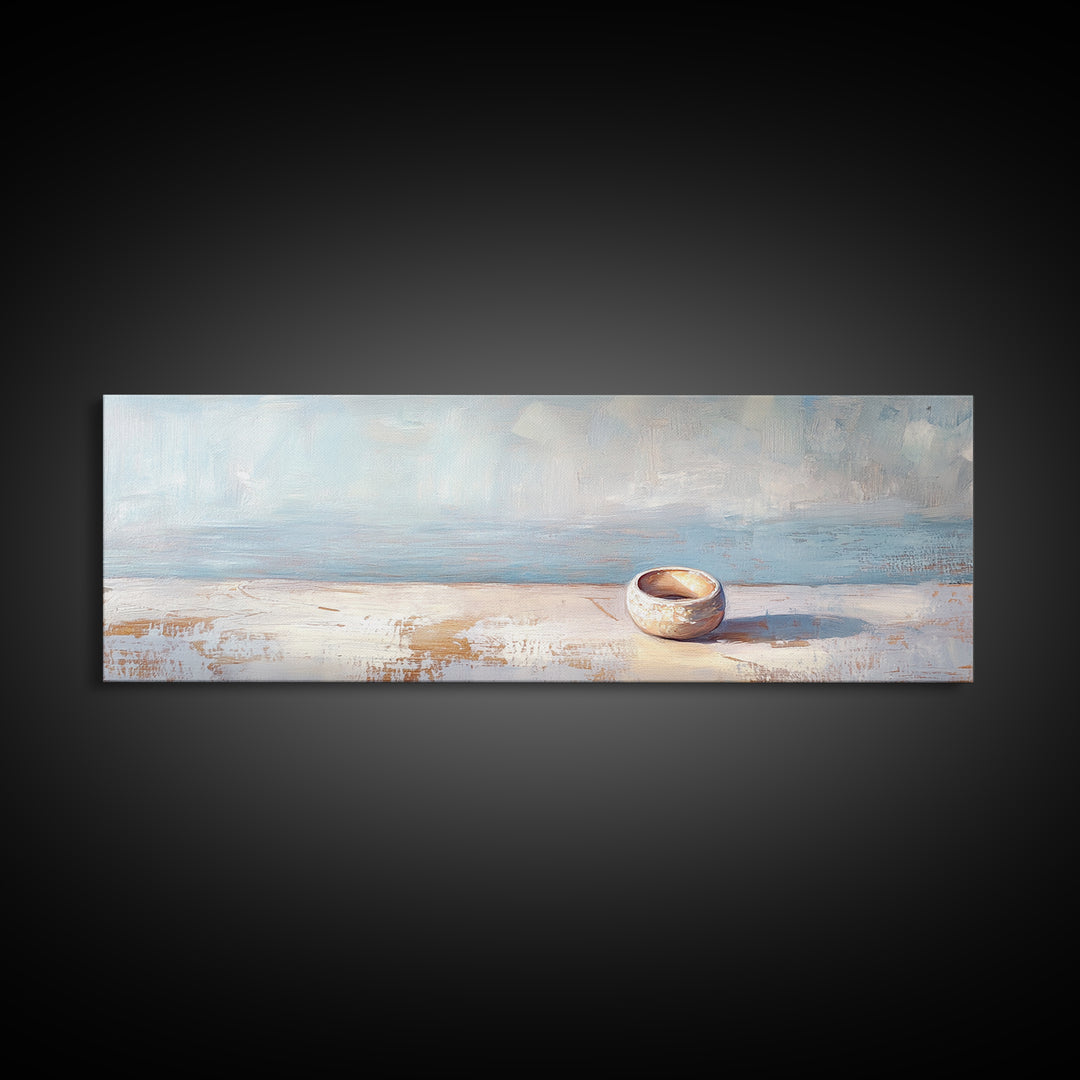 Tiny Ceramic Bowl On Blue Ledge Wall Art, Minimalist Coastal Decor, Neutral Still Life Print, Calm Japandi Home Decor Art