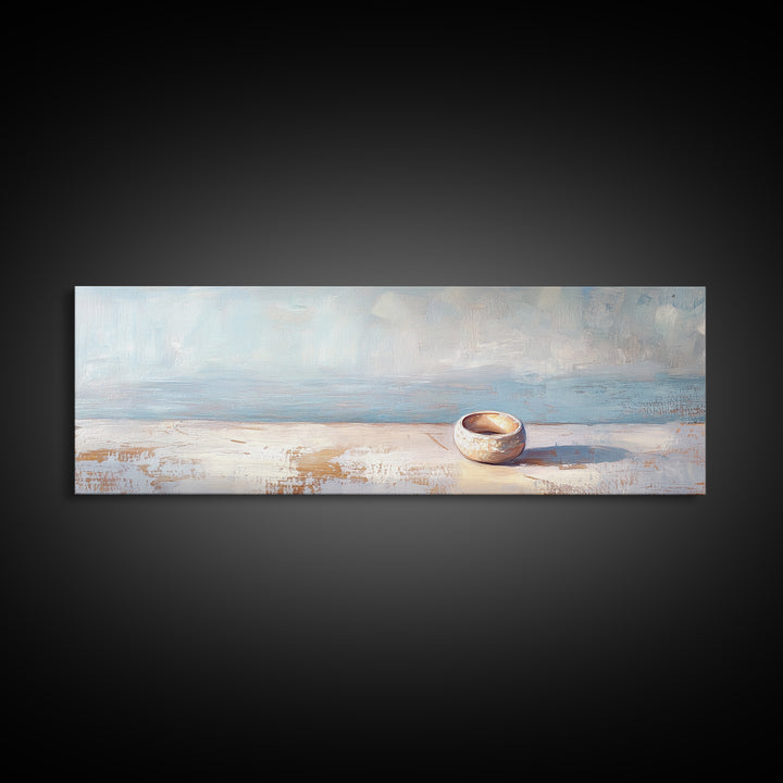Tiny Ceramic Bowl On Blue Ledge Wall Art, Minimalist Coastal Decor, Neutral Still Life Print, Calm Japandi Home Decor Art