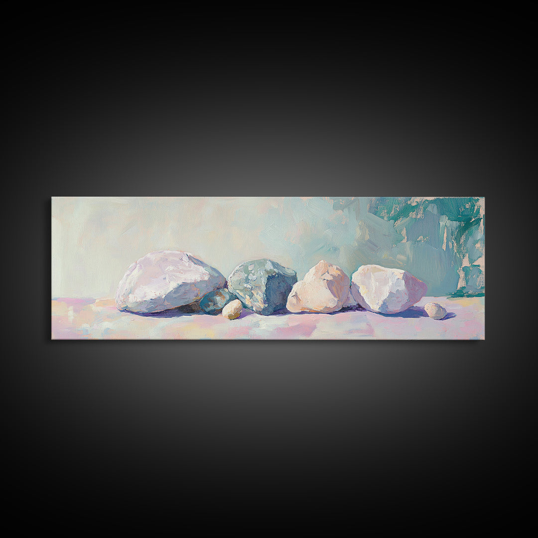 Pastel Stone Still Life Wall Art, Neutral Coastal Canvas Print, Minimalist Nature Decor, Serene Living Room Wall Decor Prints