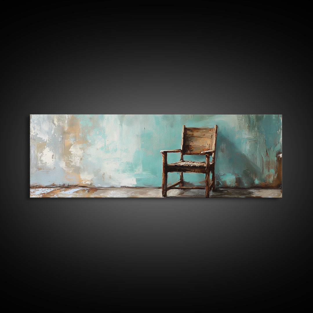 Rustic Empty Chair Wall Art, Moody Minimalist Framed Canvas Print, Wabi Sabi Office Decor, Neutral Living Room Wall Decor