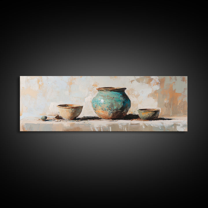 Turquoise Pottery Still Life Wall Art, Rustic Kitchen Decor, Farmhouse Canvas Print, Neutral Dining Room Art Print Gift Idea