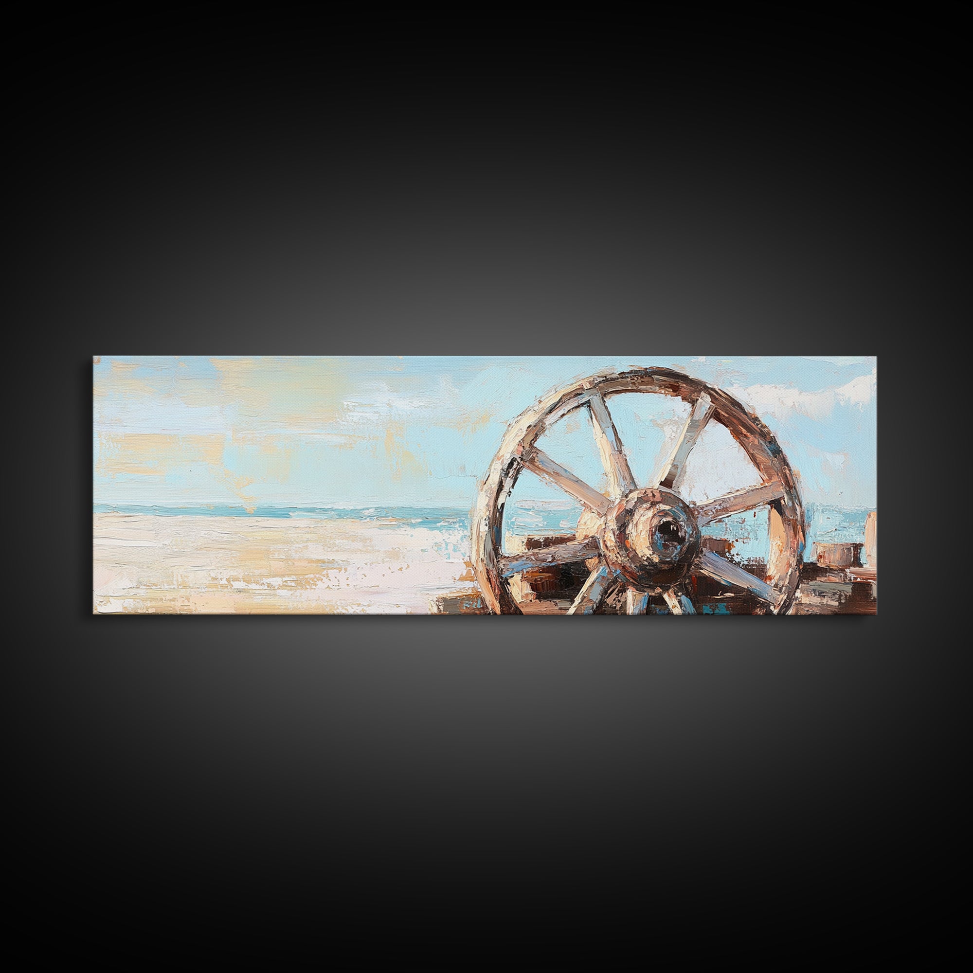 Weathered Wagon Wheel Wall Art, Coastal Beach Decor, Rustic Nautical Canvas Print, Beach House Wall Decor, Large Seascape Gift