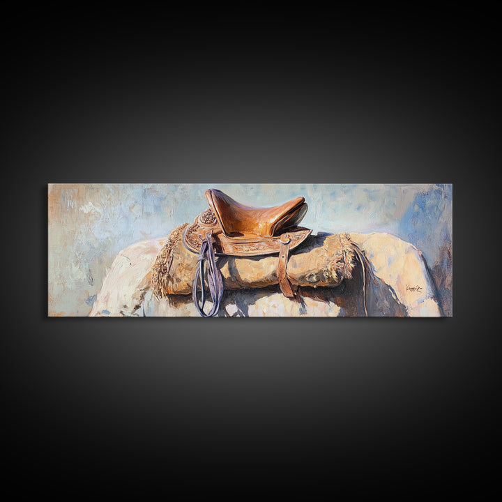 Western Horse Saddle Wall Art, Rustic Ranch Decor, Cowboy Farmhouse Canvas Print, Equestrian Wall Decor, Horse Lover Gift For Him
