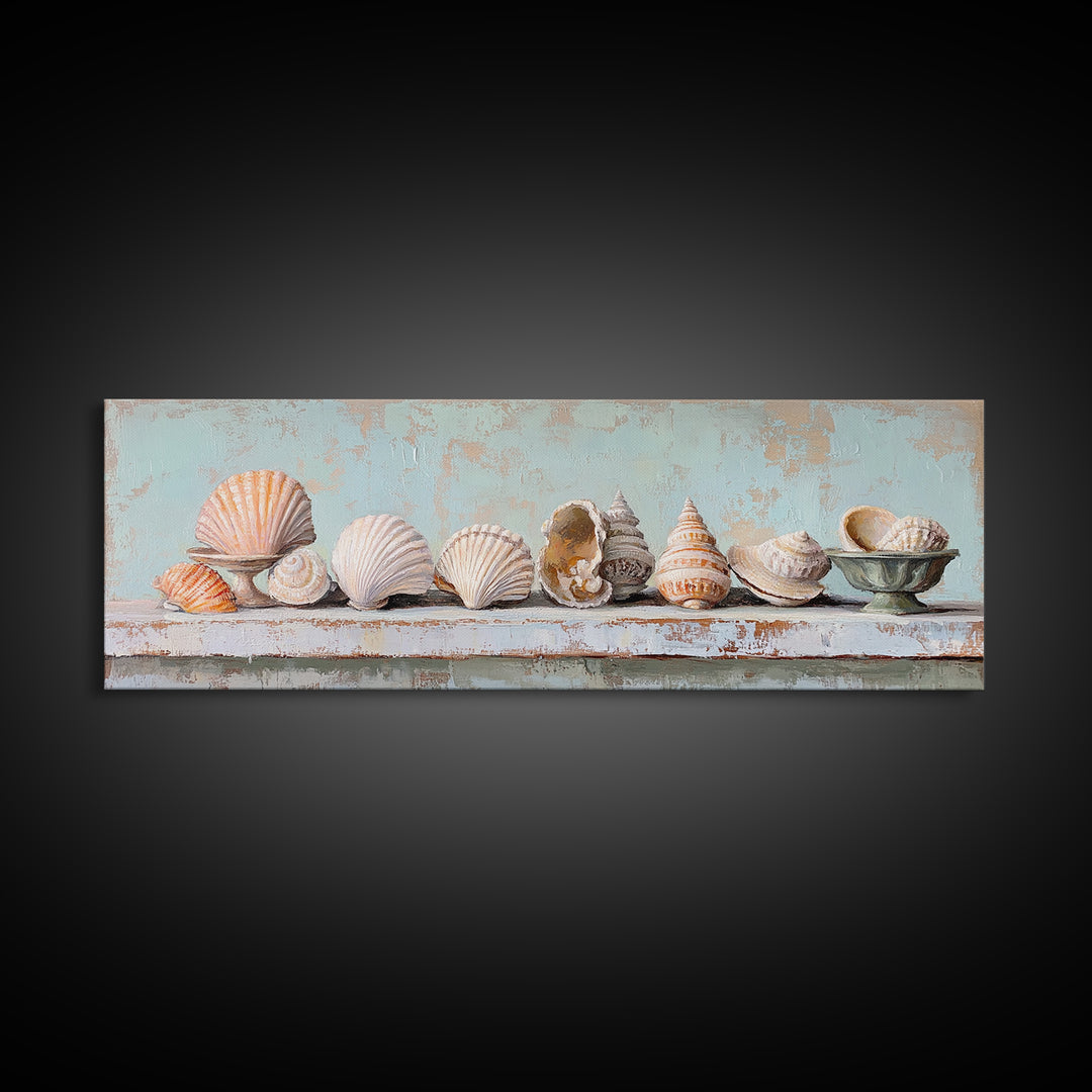 Pastel Seashell Shelf Still Life Framed Canvas Print, Coastal Wall Art, Beach House Decor, Nautical Bathroom Wall Decor, Ocean Print