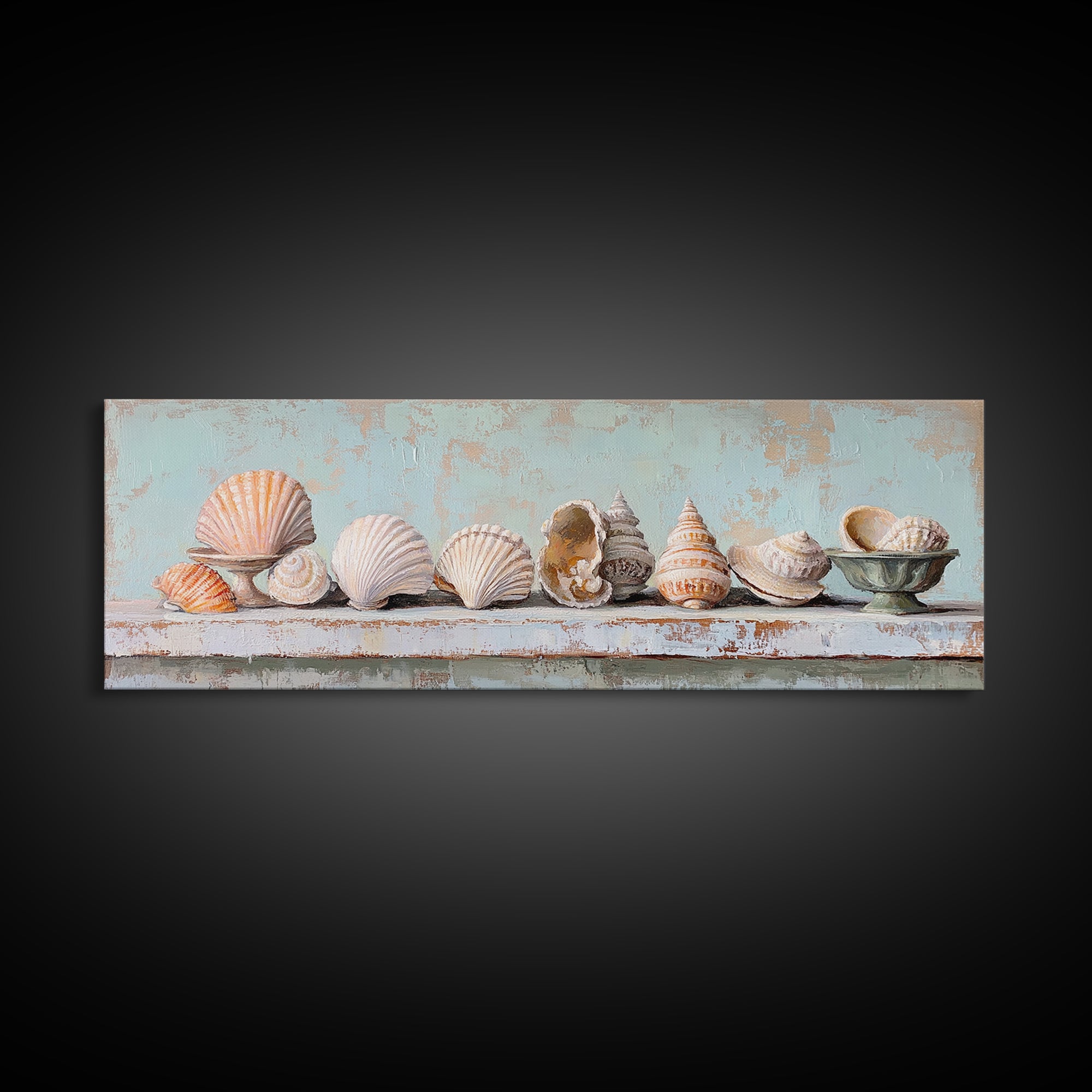 Pastel Seashell Shelf Still Life Framed Canvas Print, Coastal Wall Art, Beach House Decor, Nautical Bathroom Wall Decor, Ocean Print