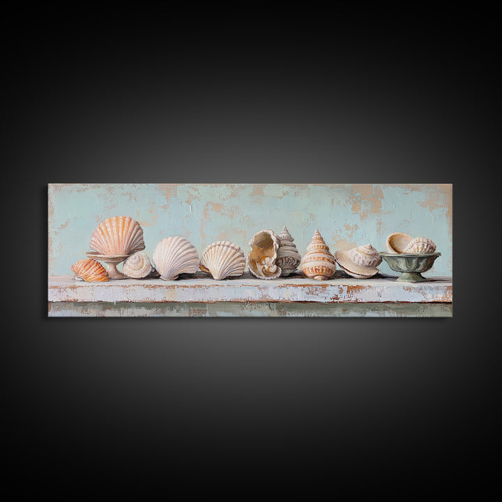 Pastel Seashell Shelf Still Life Framed Canvas Print, Coastal Wall Art, Beach House Decor, Nautical Bathroom Wall Decor, Ocean Print