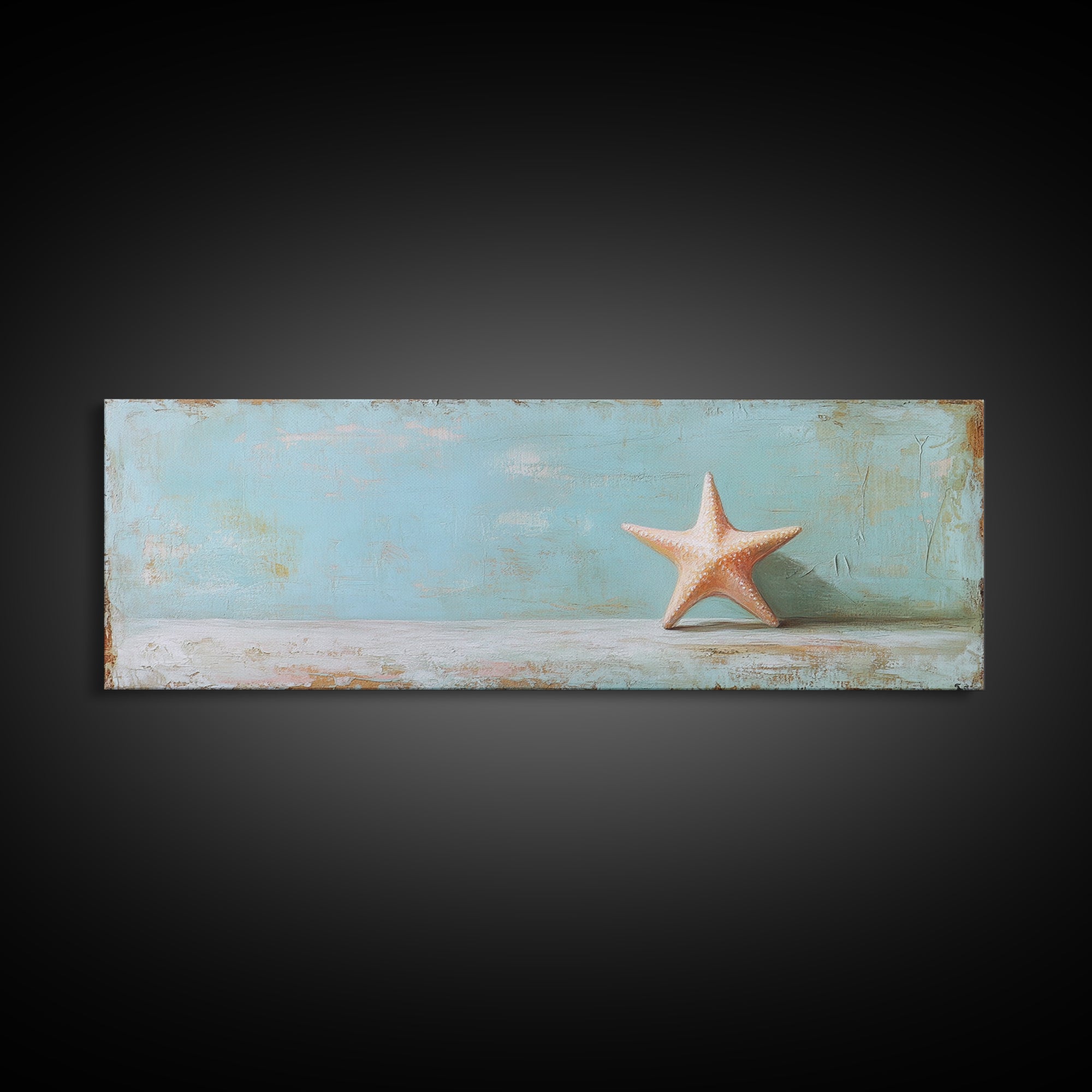 Single Starfish On Weathered Blue Shelf Wall Art, Minimalist Coastal Decor, Beach House Bathroom Canvas Print, Ocean Wall Decor