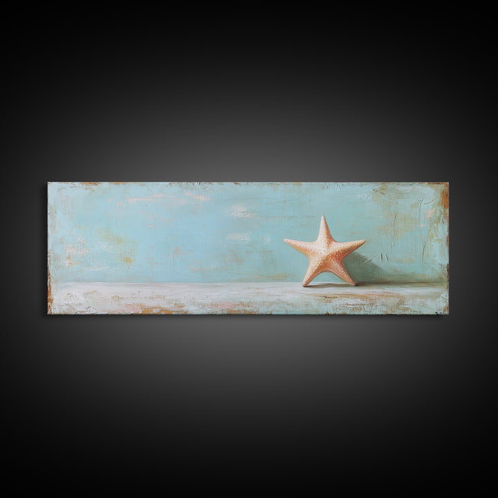 Single Starfish On Weathered Blue Shelf Wall Art, Minimalist Coastal Decor, Beach House Bathroom Canvas Print, Ocean Wall Decor