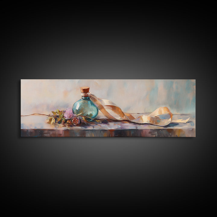Coastal Bottle Ribbon And Shell Still Life Framed Canvas Print, Beach House Wall Art, Nautical Decor, Soft Pastel Art, Home Decor