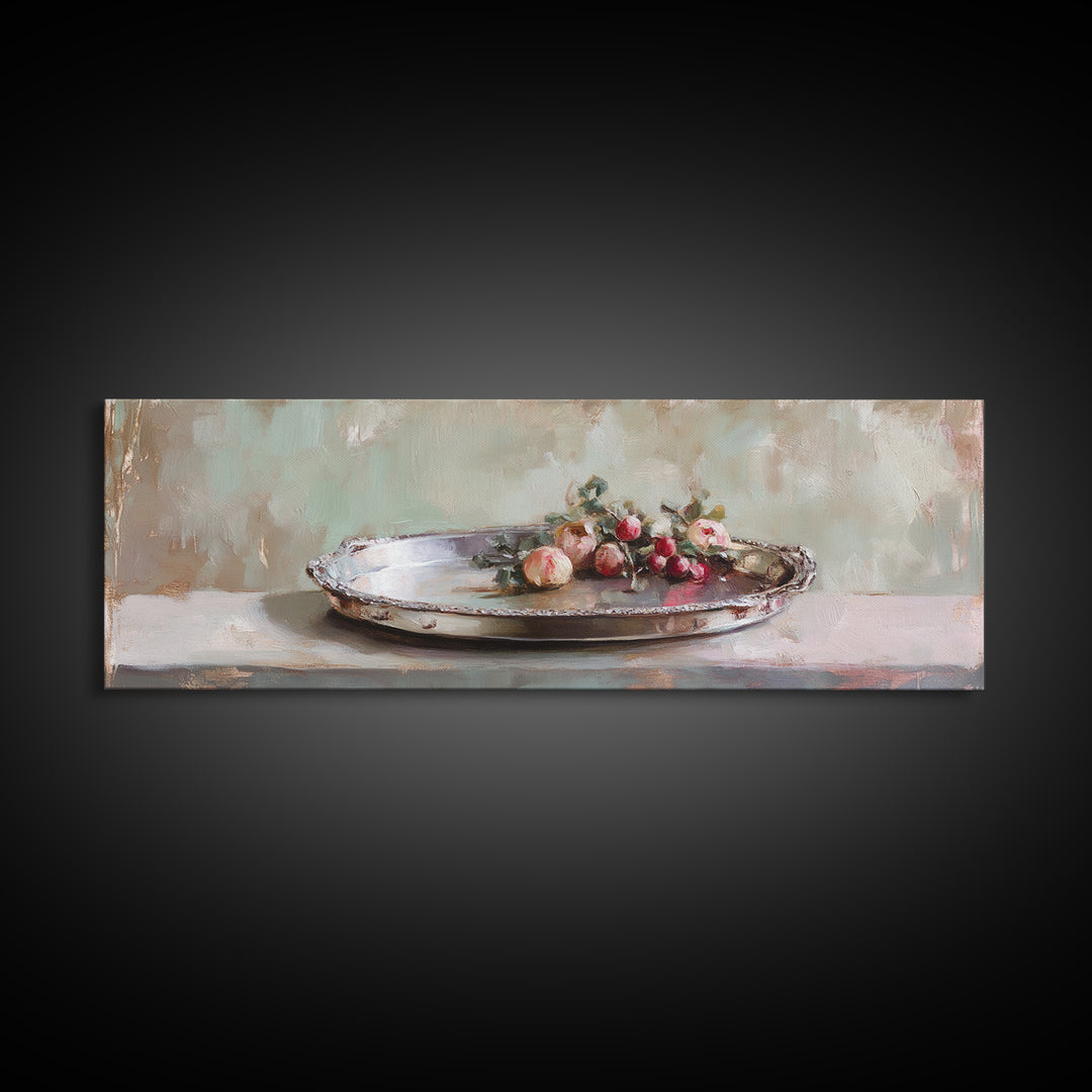 Antique Silver Tray With Red Berries Wall Art, Rustic Still Life Framed Canvas Print, Farmhouse Dining Room Decor, Kitchen Wall Decor