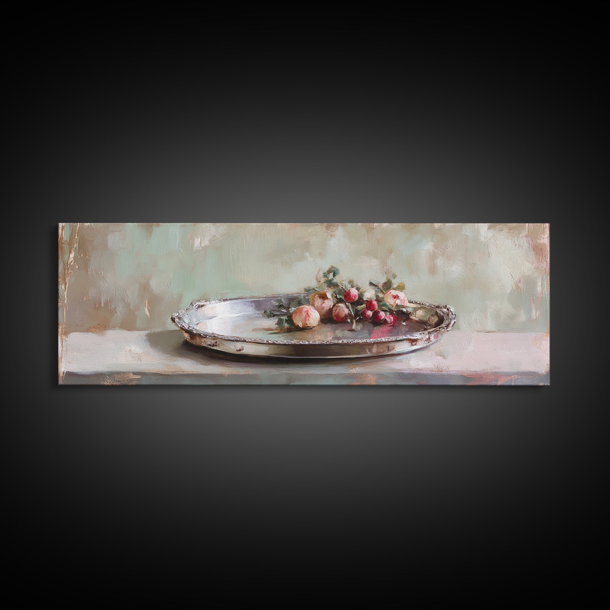 Antique Silver Tray With Red Berries Wall Art, Rustic Still Life Framed Canvas Print, Farmhouse Dining Room Decor, Kitchen Wall Decor