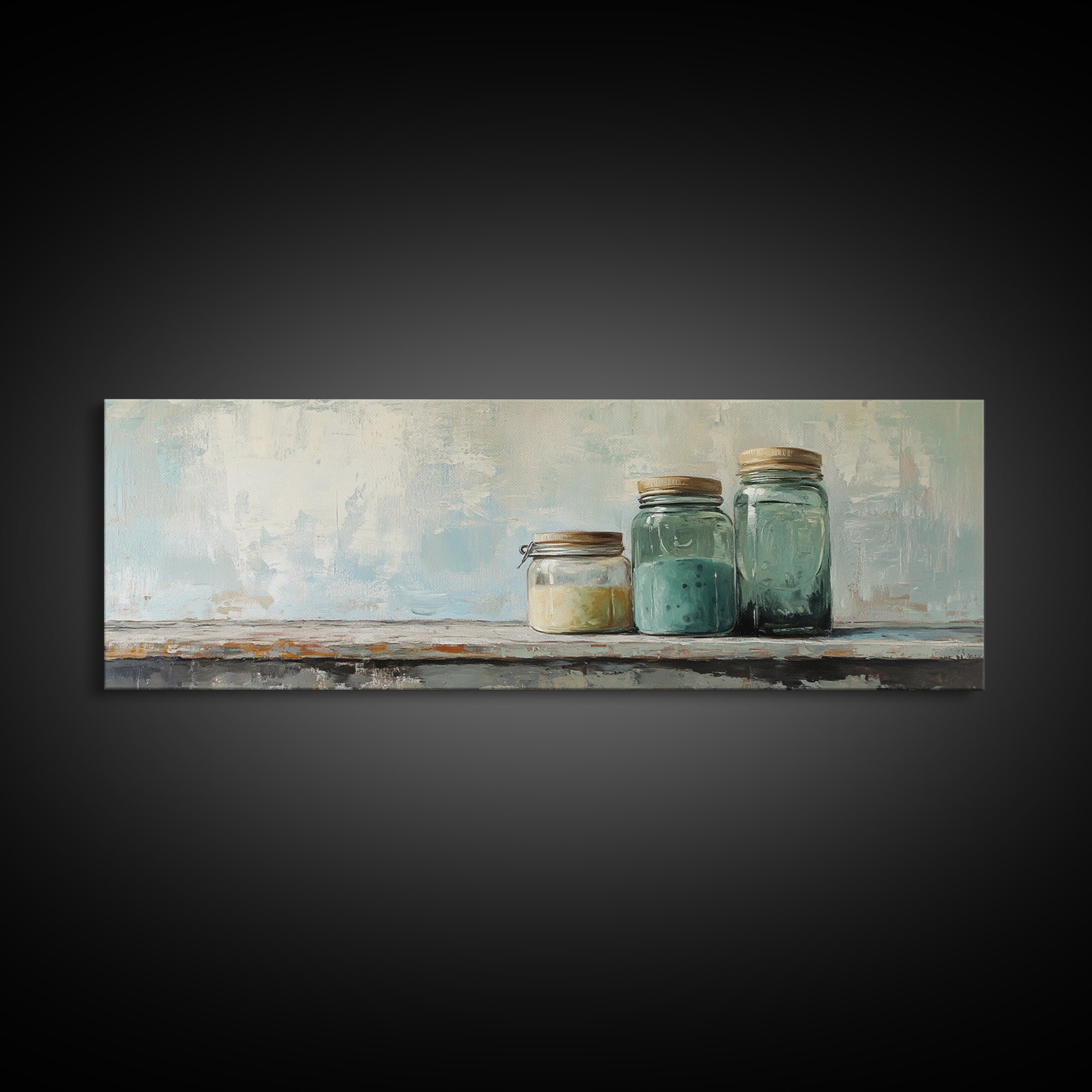 Minimalist Blue Glass Jars Canvas Print, Rustic Kitchen Wall Decor, Neutral Home Decor, Farmhouse Art, Modern Still Life Print