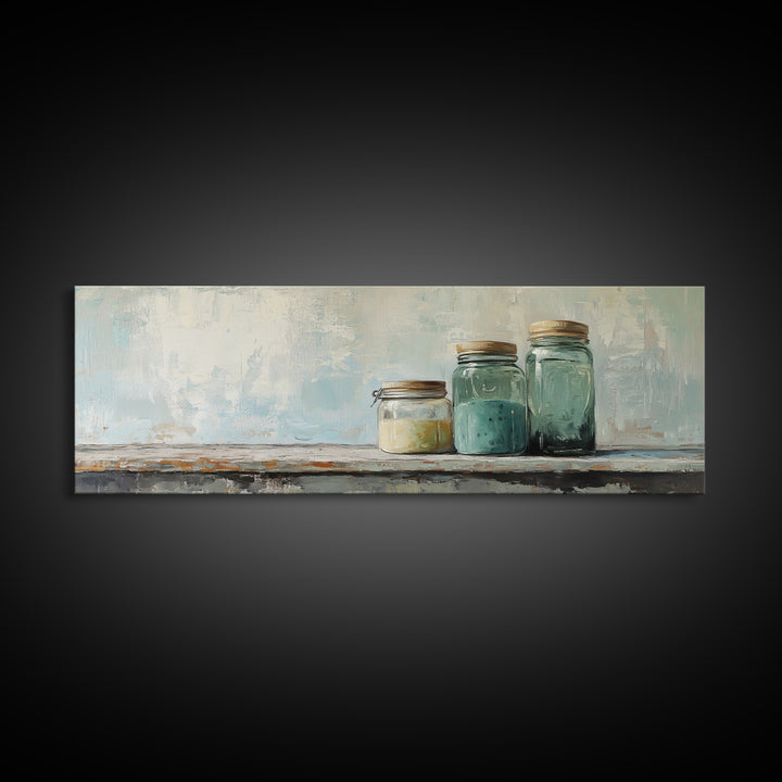 Minimalist Blue Glass Jars Canvas Print, Rustic Kitchen Wall Decor, Neutral Home Decor, Farmhouse Art, Modern Still Life Print