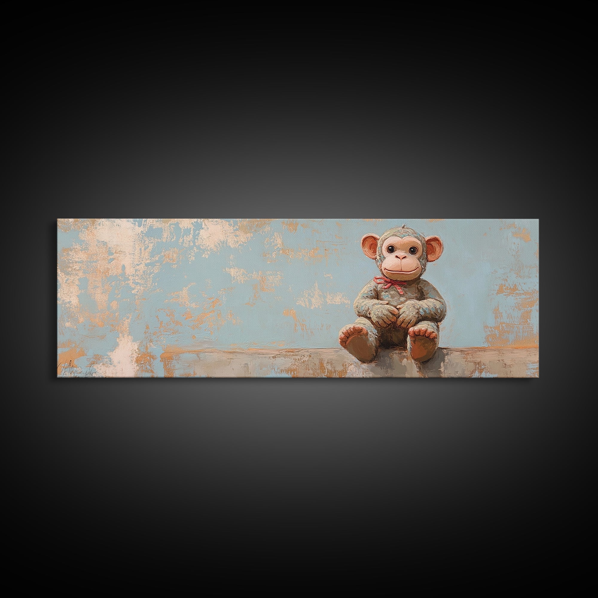 Plush Monkey Toy On Blue Nursery Wall Art, Whimsical Animal Art, Kids Room Decor, Baby Shower Gift, Cute Animal Canvas Print