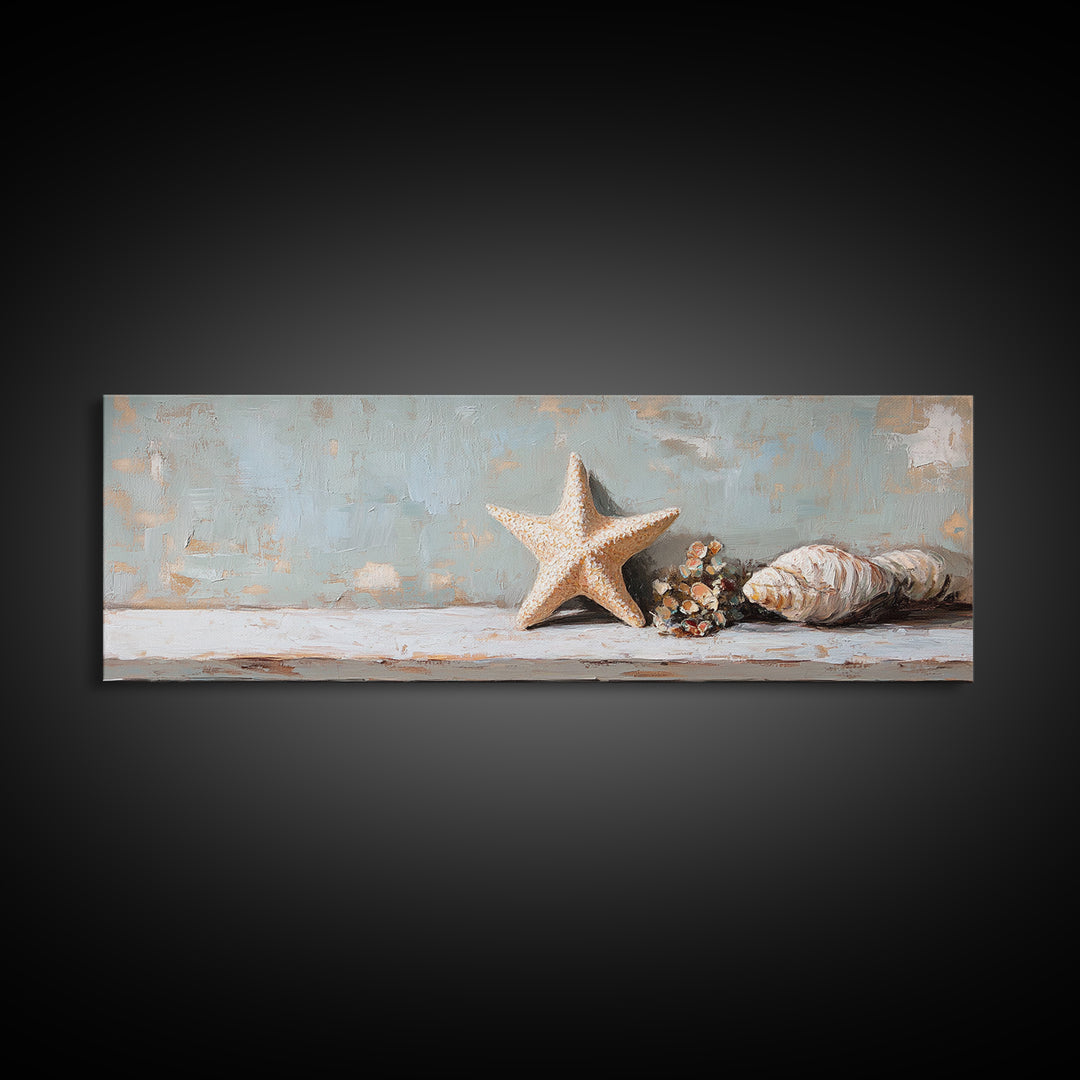 Starfish And Conch Shell Wall Art, Coastal Bathroom Decor, Beach House Canvas Print, Nautical Ocean Home Decor Housewarming Gift