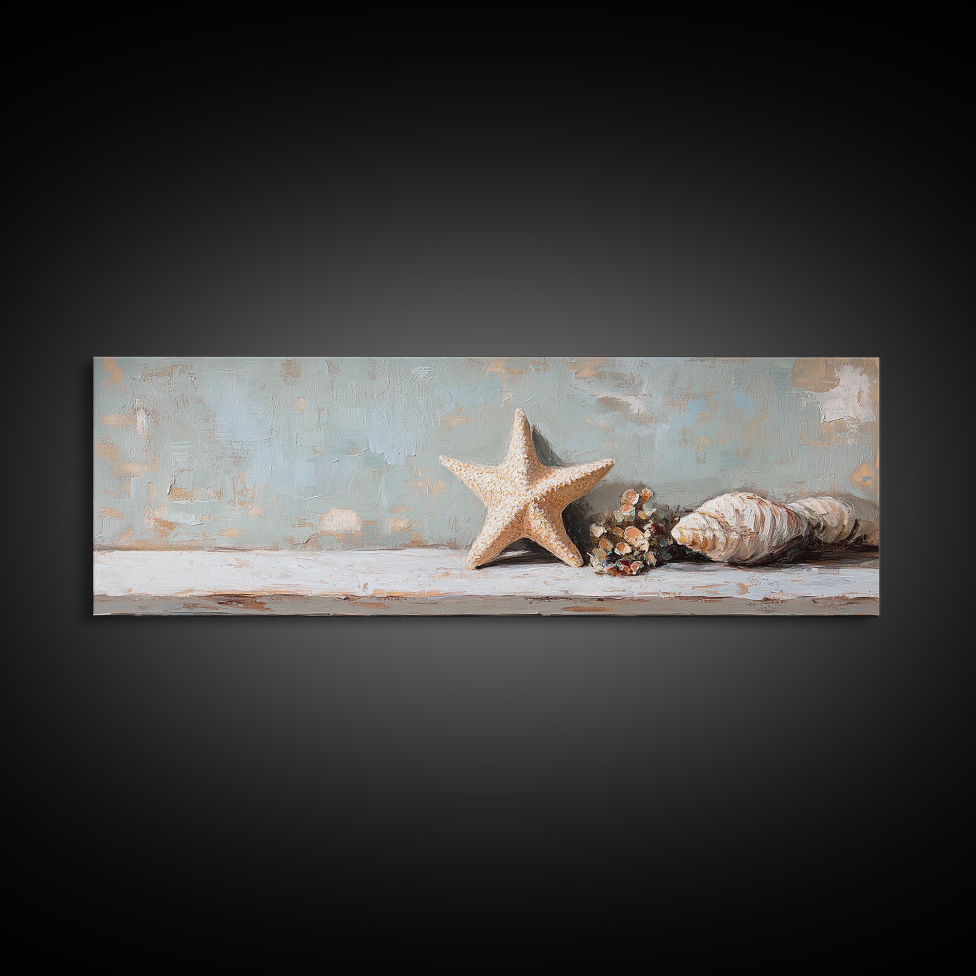 Starfish And Conch Shell Wall Art, Coastal Bathroom Decor, Beach House Canvas Print, Nautical Ocean Home Decor Housewarming Gift