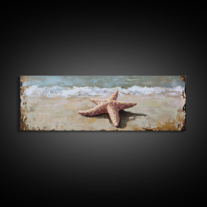 Pink Starfish On Sandy Beach Canvas Print, Coastal Wall Art, Ocean Waves Decor, Summer Beach House Bathroom Wall Decor Gift