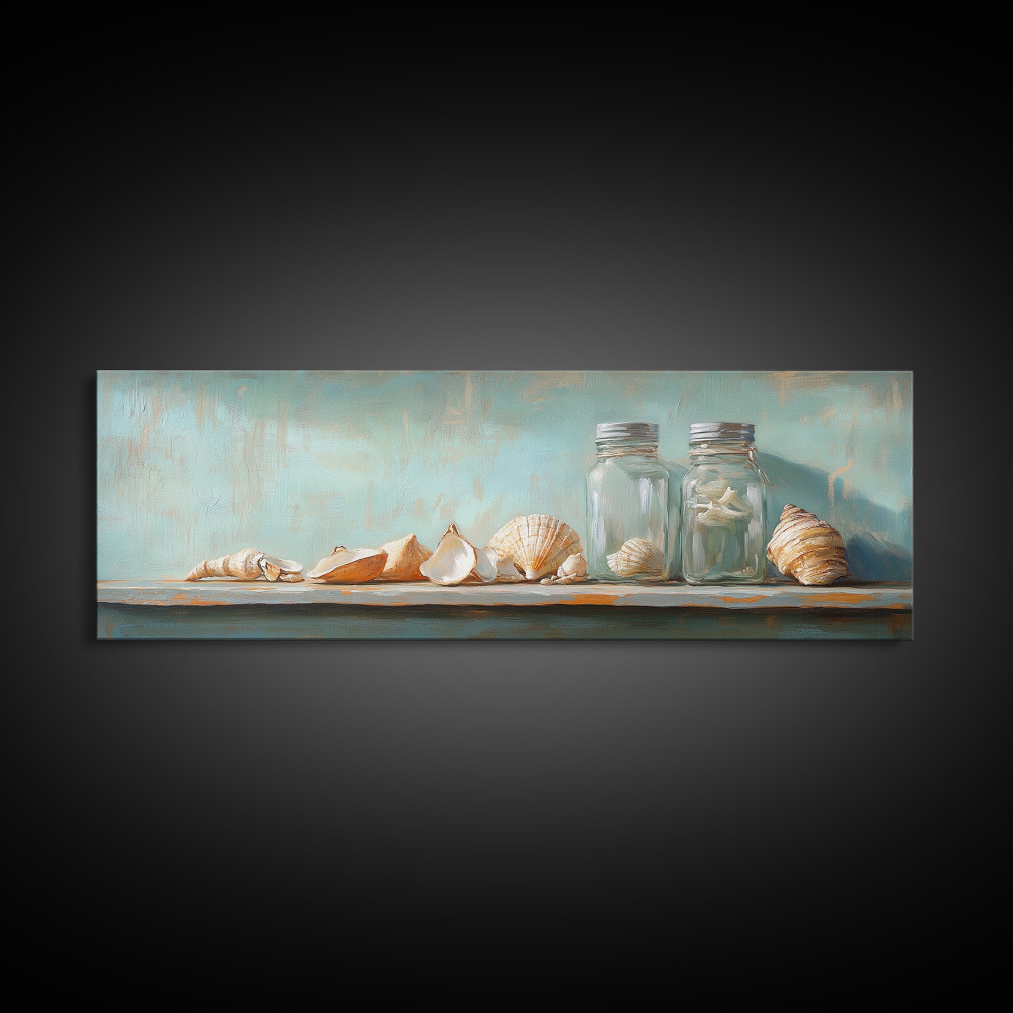 Seashells And Glass Jars Wall Art, Coastal Bathroom Decor, Beach House Canvas Print, Nautical Ocean Home Shelf Decor Gift