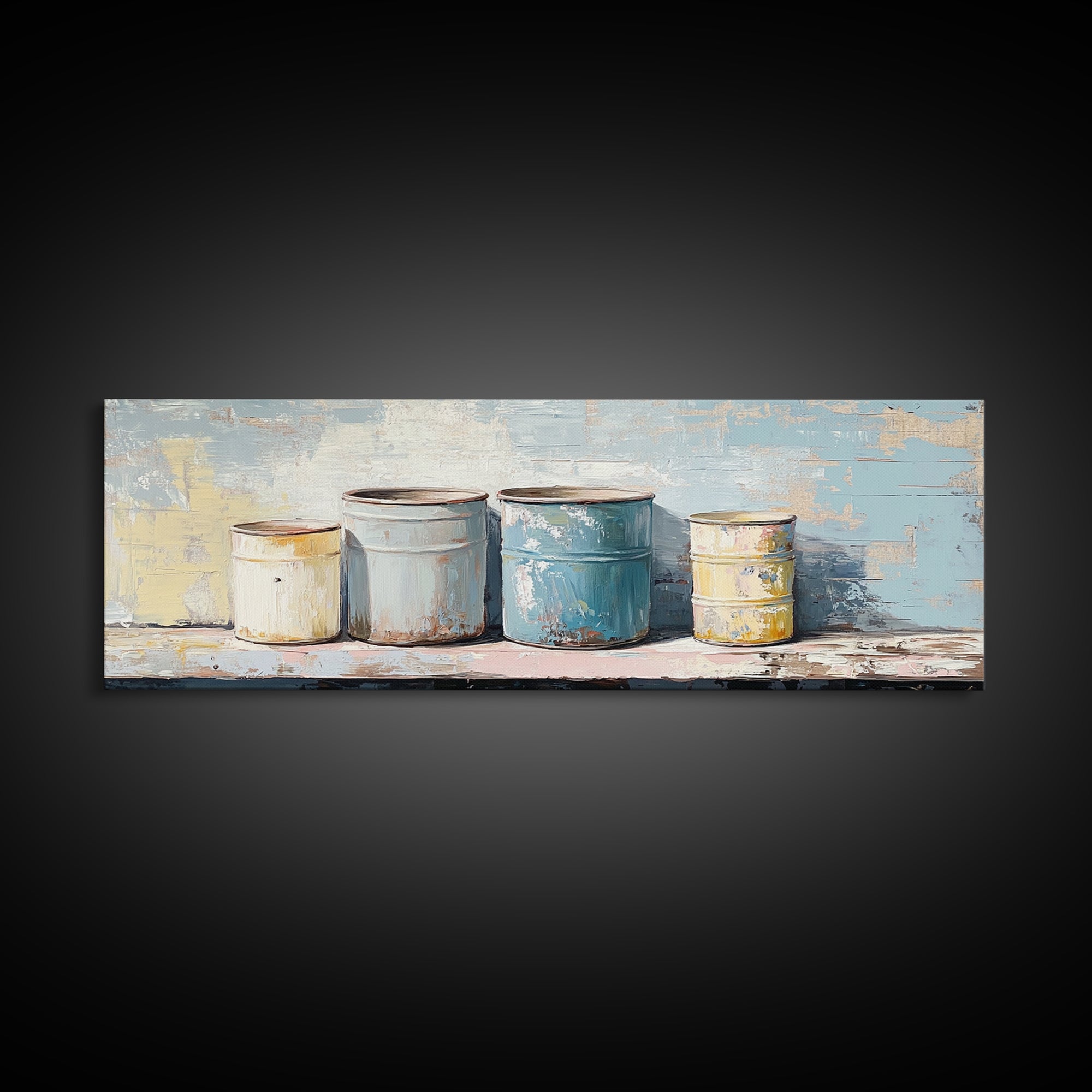 Weathered Paint Cans Still Life Wall Art, Rustic Studio Decor, Industrial Canvas Print, Blue Neutral Workshop Wall Decor Gift
