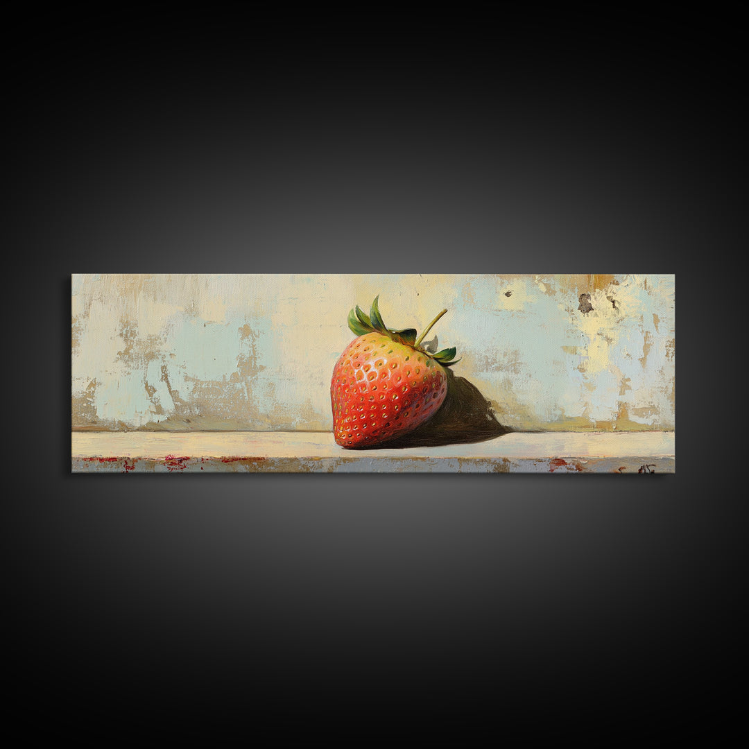 Single Strawberry Still Life Wall Art, Rustic Kitchen Decor, Fruit Art Print, Farmhouse Canvas, Dining Room Decor Gift Idea