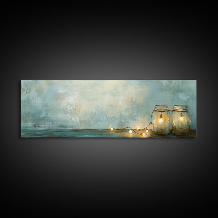 Glowing Mason Jar Lights Canvas Print, Cozy Farmhouse Wall Decor, Rustic Home Decor, Bedroom Art, Housewarming Gift For Her