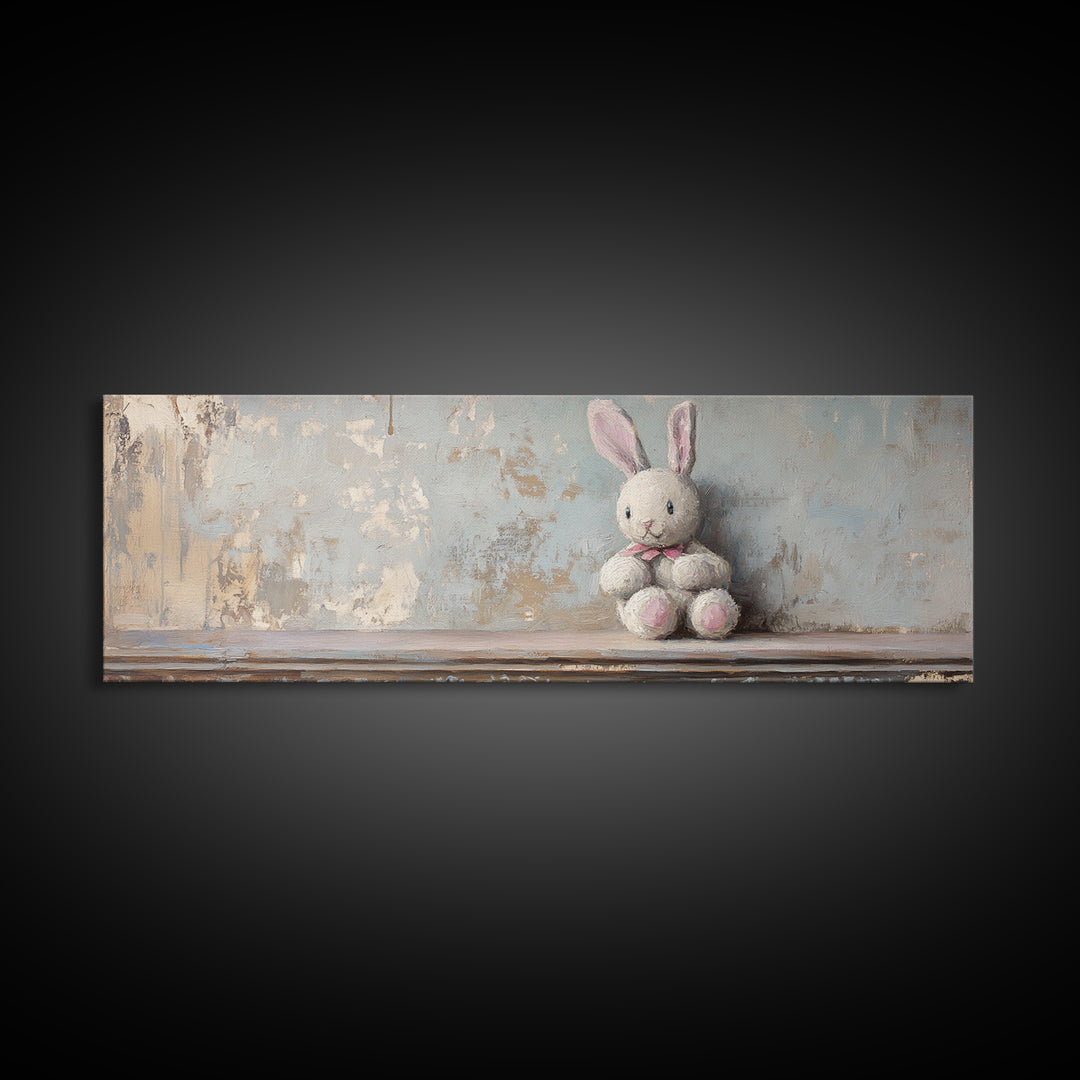 Plush Bunny Toy Wall Art, Soft Pastel Nursery Decor, Baby Girl Room Art, Whimsical Animal Print, Baby Shower Gift For Kids