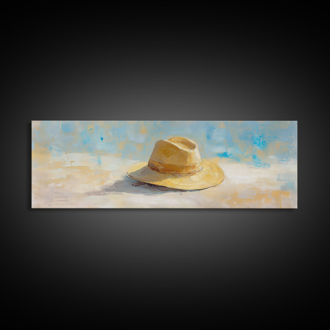 Straw Sun Hat Canvas Print, Coastal Beach Wall Art, Summer Home Decor, Minimalist Seascape, Vacation Housewarming Gift Idea